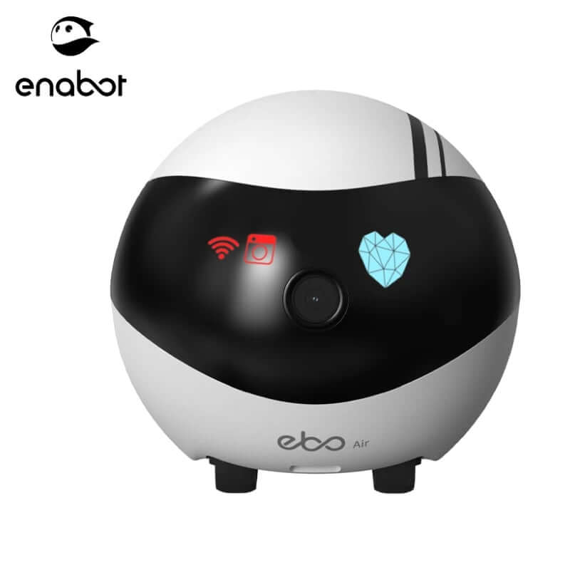 EBO Air Smart Robot - Remote pet companion and home monitoring camera with Wi-Fi and camera icons.