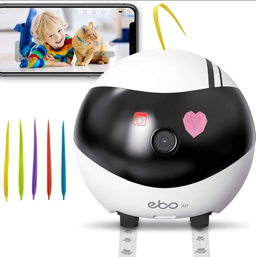 EBO Air Smart Robot with phone display, colorful styluses, and playful cat for pet companionship and home monitoring.