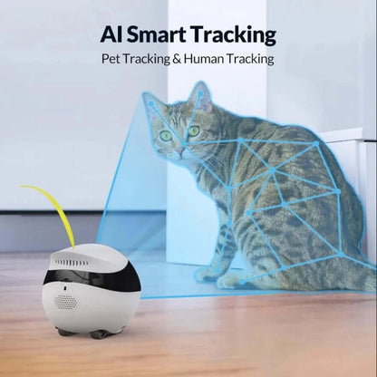 EBO Smart Robot with AI tracking technology monitoring a cat in a home environment.