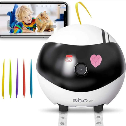 EBO Air Smart Robot with phone display, colorful styluses, and playful cat for pet companionship and home monitoring.